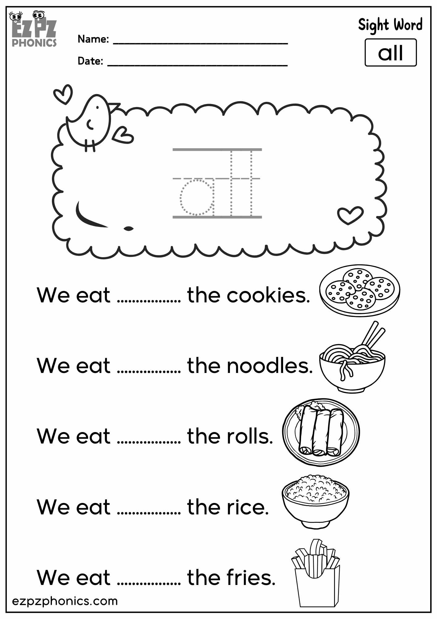 “All” Sight Word Worksheet  – Fun Practice for Kindergarten & First Grade